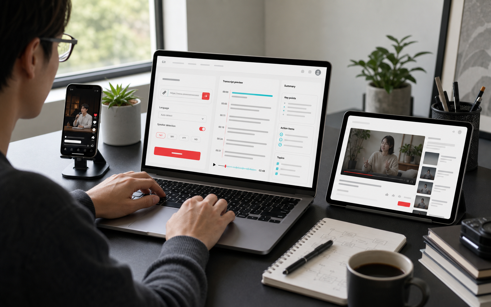 EasyScribe link transcription workspace with transcript, summary, and action items