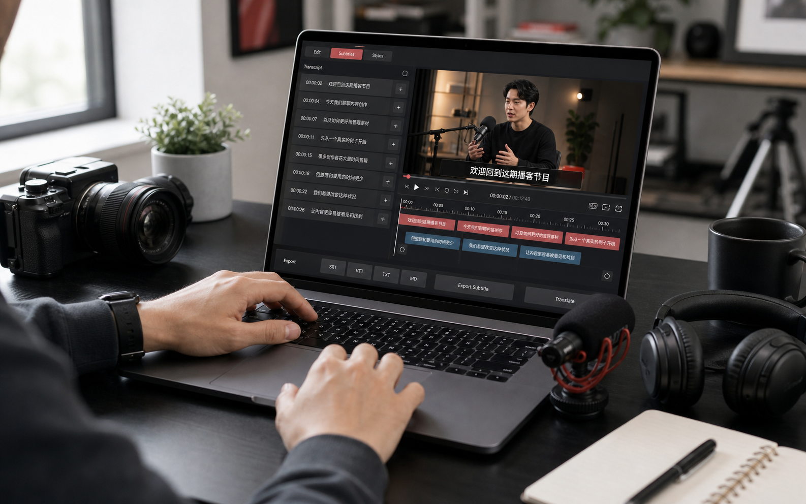 Generated subtitles being reviewed in a video timeline editor